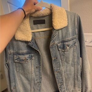 Blank NYC Light Blue Denim Jacket with Cream Sherpa Collar